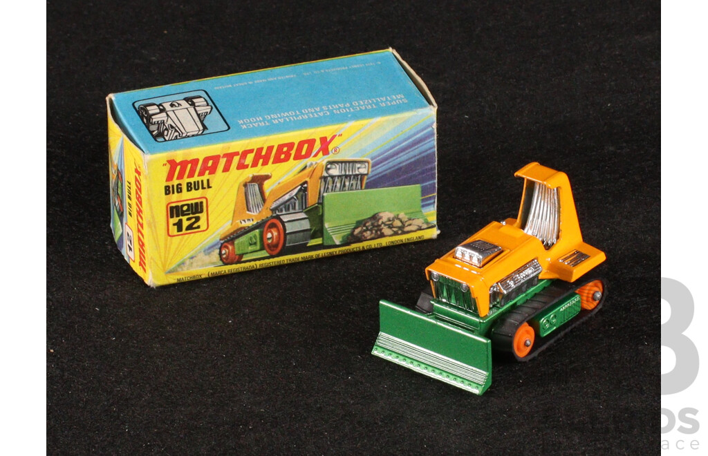 Vintage Matchbox 75 Vehicles Including Big Bull, Cattle Truck, Police Patrol, Hovercraft, Dump Truck Box