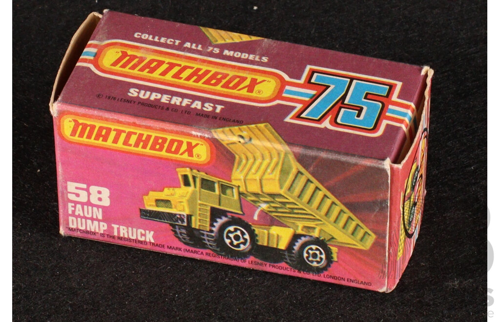 Vintage Matchbox 75 Vehicles Including Big Bull, Cattle Truck, Police Patrol, Hovercraft, Dump Truck Box