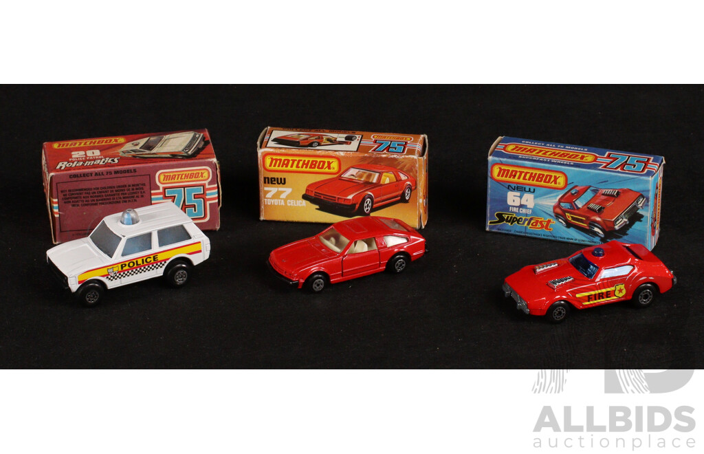 Vintage Matchbox 75 Vehicles Including Toyota Celica, Fire Chief, Police Patrol