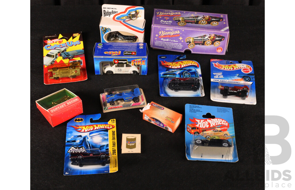 Collection of Diecast Vehicles Including Hot Wheels Crack Ups, Burago, Majorette, Pressed Steel Bugatti