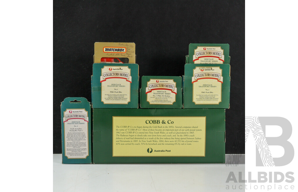 Collection of Boxed Diecast Postal Vehicles Including Cobb & Co, Vans, Bike