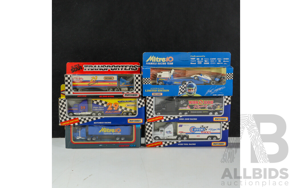 Six Matchbox Semi Trailer Trucks Including Mitre 10 Racing/Convoy, Hyde Tool Racing, Dixie Acing, Grand National