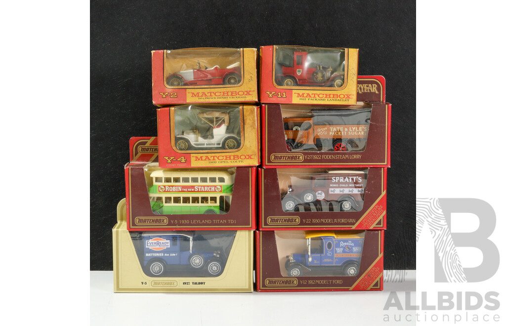 Collection of Matchbox Models of Yesteryear Including 1909 Opel Coupe, 1914 Vauxhall, Trucks, Buses