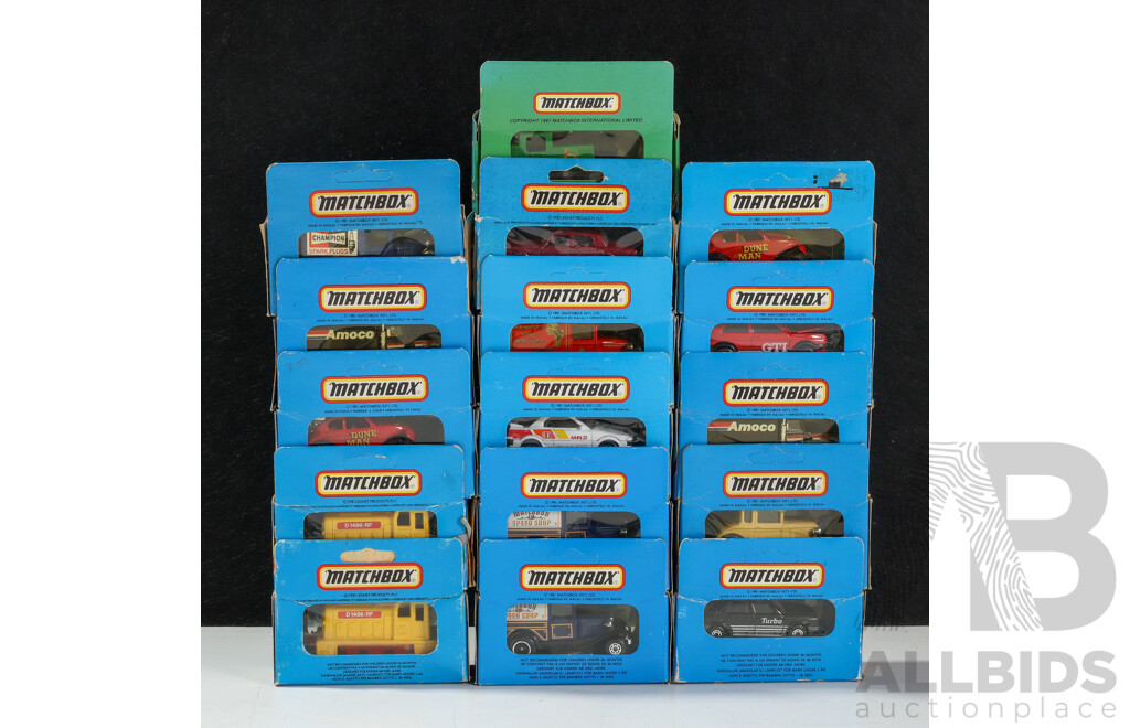 Collection of Vintage Matchbox Vehicles Including Delivery Trucks, Locomotives, Cars