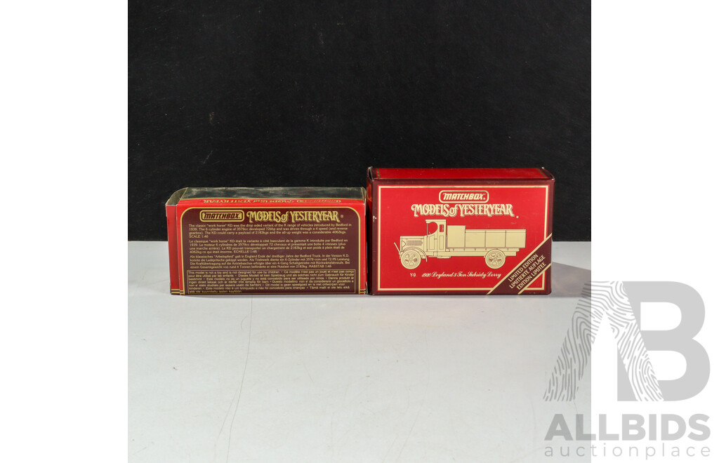 Vintage Matchbox Matchbox Models of Yesteryear 1920 Leyland 3 Ton Subsidy Lorry Y-9 , 1939 Bedford KD Truck Y-63 with Two Display Cases