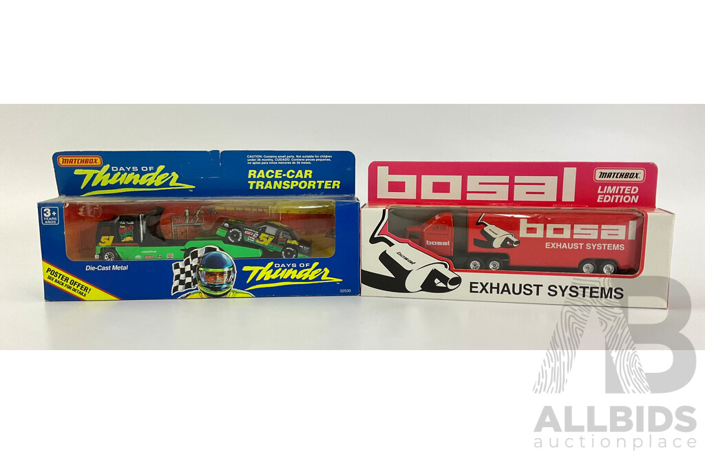 Matchbox Diecast Days of Thunder Cole Trickle Race Car Transporter and Bosal Exhaust Systems Truck