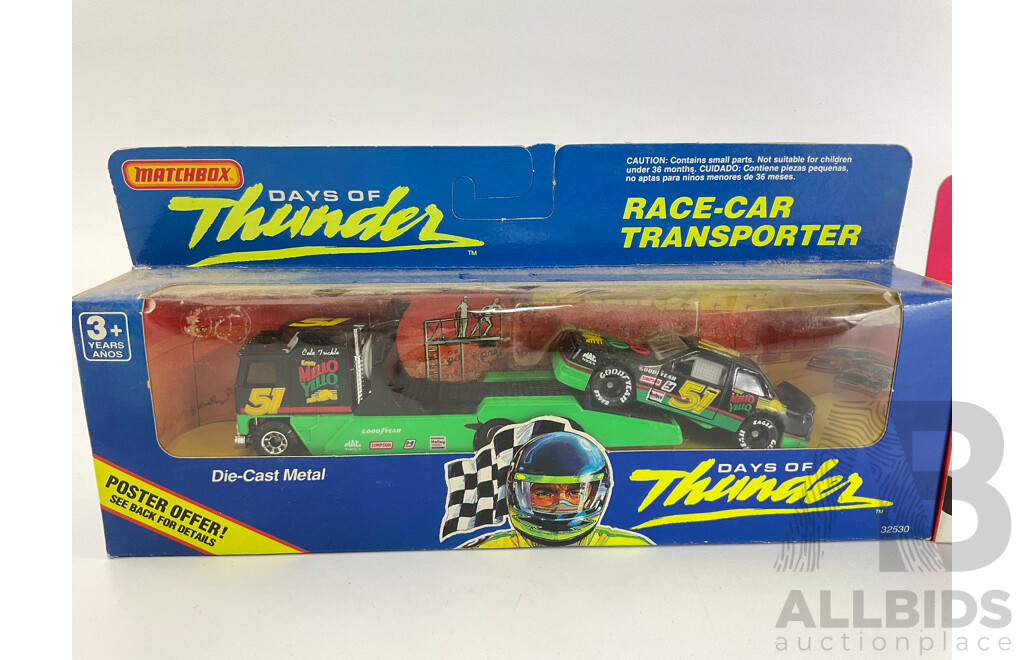 Matchbox Diecast Days of Thunder Cole Trickle Race Car Transporter and Bosal Exhaust Systems Truck