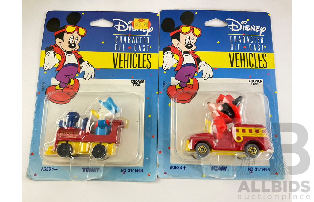 Vintage Tomy Croner Toys Disney Characters Diecast Vehicles Including Micky and Minnie Mouse, Donald Duck