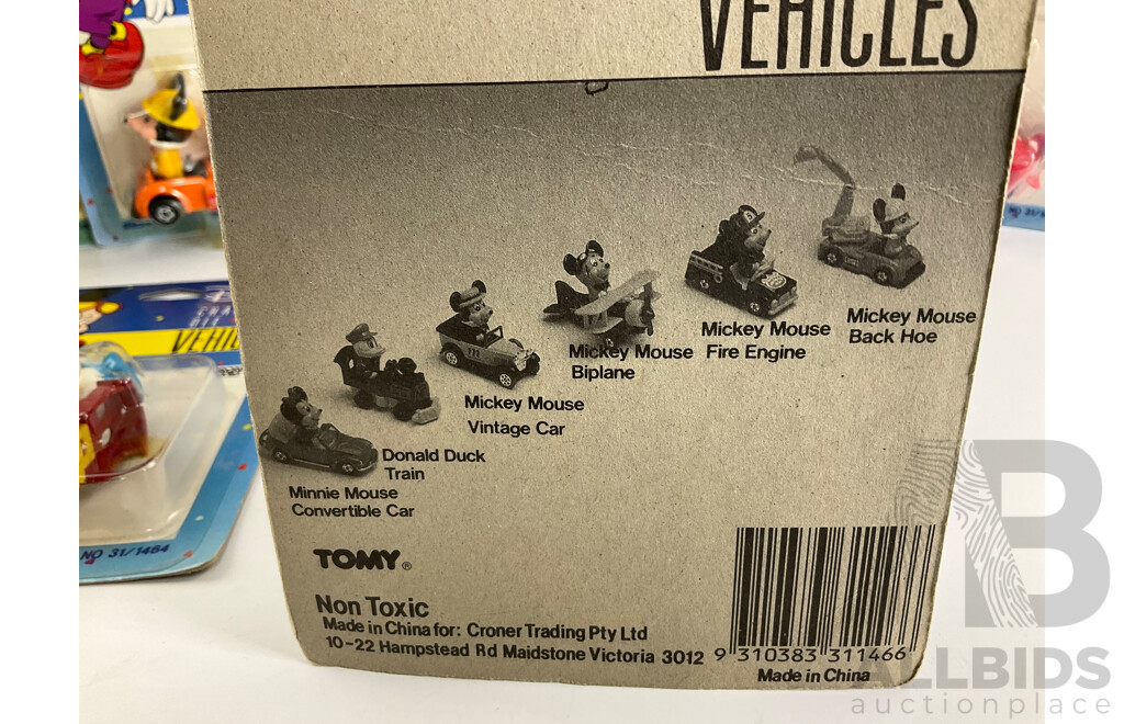Vintage Tomy Croner Toys Disney Characters Diecast Vehicles Including Micky and Minnie Mouse, Donald Duck