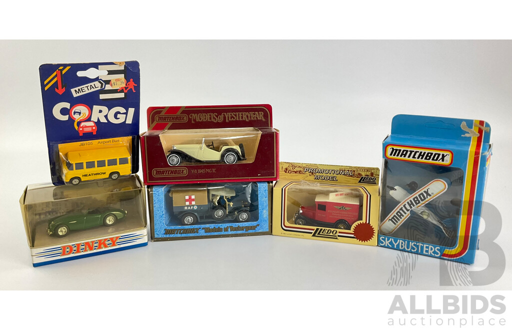 Vintage Matchbox Models of Yesteryear 1945 MG TC, 1918 Crossley RAF Tender, Sky Busters Bi Plane, Dinky 1956 Austin Healy 100 BN2, Corgi School Bus, Lledo Stanley Gibbons Promotion Truck