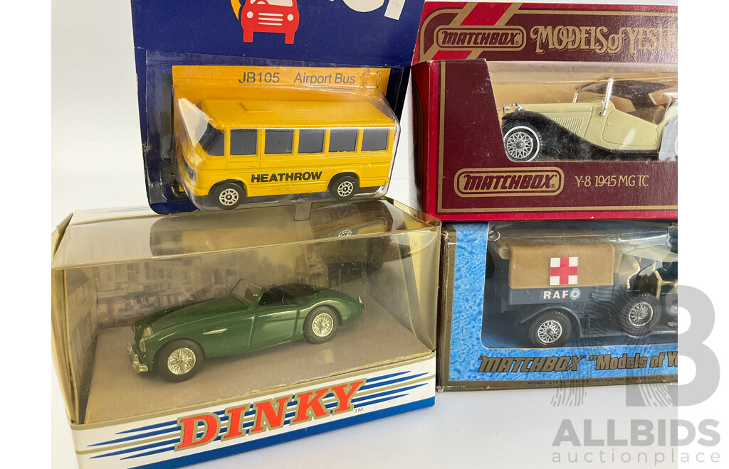 Vintage Matchbox Models of Yesteryear 1945 MG TC, 1918 Crossley RAF Tender, Sky Busters Bi Plane, Dinky 1956 Austin Healy 100 BN2, Corgi School Bus, Lledo Stanley Gibbons Promotion Truck