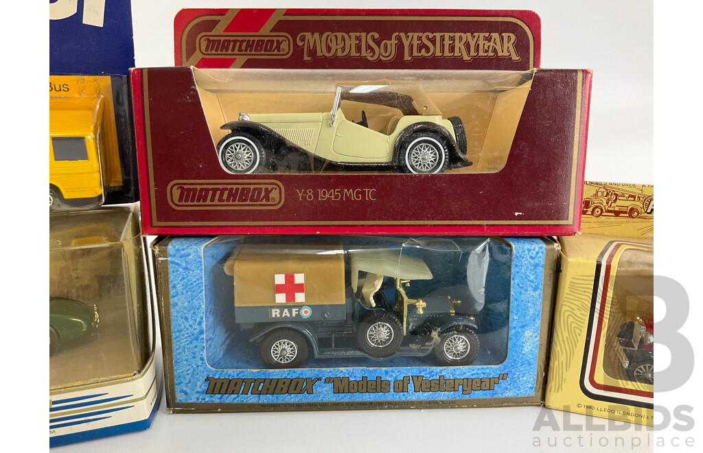 Vintage Matchbox Models of Yesteryear 1945 MG TC, 1918 Crossley RAF Tender, Sky Busters Bi Plane, Dinky 1956 Austin Healy 100 BN2, Corgi School Bus, Lledo Stanley Gibbons Promotion Truck
