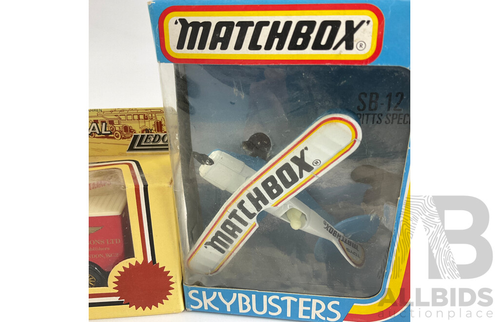 Vintage Matchbox Models of Yesteryear 1945 MG TC, 1918 Crossley RAF Tender, Sky Busters Bi Plane, Dinky 1956 Austin Healy 100 BN2, Corgi School Bus, Lledo Stanley Gibbons Promotion Truck