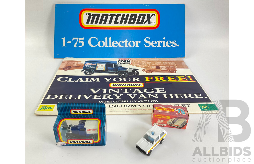Vintage Matchbox Retail Display Signs, Matchbox 1-75 Collector Series and Kellogg's Delivery Van with Matchbox 75 Rola-Matics Police Patrol and Kellogg's Truck