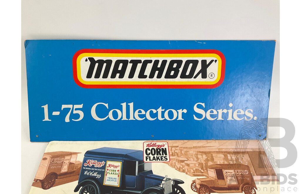 Vintage Matchbox Retail Display Signs, Matchbox 1-75 Collector Series and Kellogg's Delivery Van with Matchbox 75 Rola-Matics Police Patrol and Kellogg's Truck