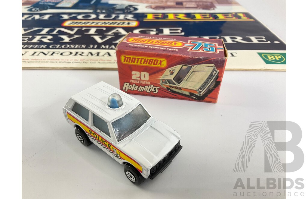 Vintage Matchbox Retail Display Signs, Matchbox 1-75 Collector Series and Kellogg's Delivery Van with Matchbox 75 Rola-Matics Police Patrol and Kellogg's Truck