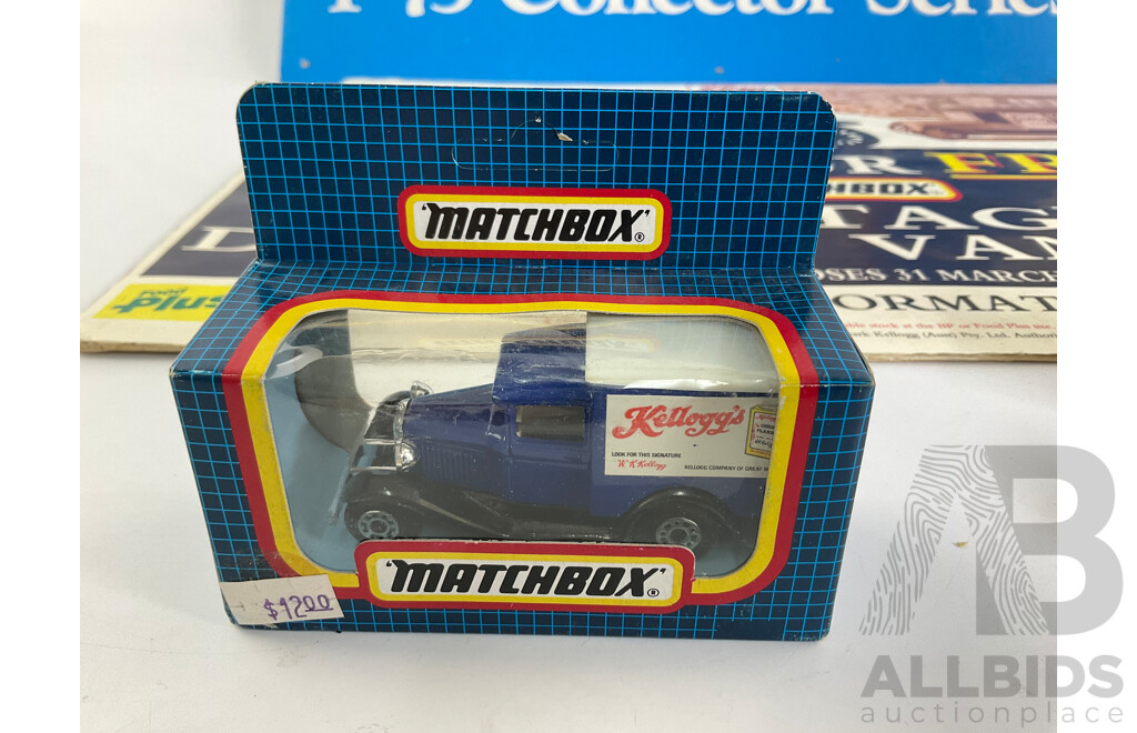 Vintage Matchbox Retail Display Signs, Matchbox 1-75 Collector Series and Kellogg's Delivery Van with Matchbox 75 Rola-Matics Police Patrol and Kellogg's Truck