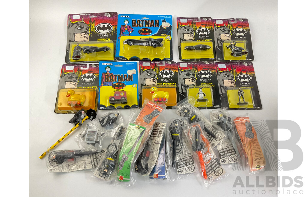 Vintage Ertl Diecast Batman Vehicles and Figurines Including Batmobile, Penguin's Vehicle, Joker Van, Batman, Catwoman, Penguin Commando and McDonalds Happy Meal Batman Pens and Pencil