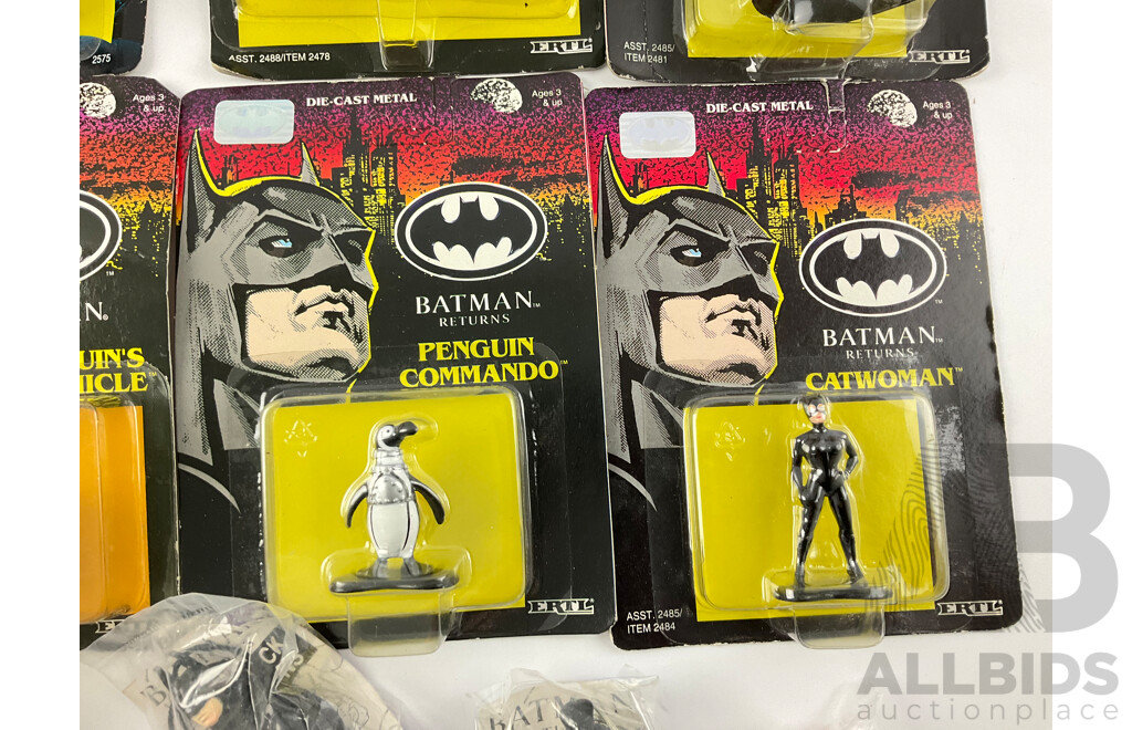 Vintage Ertl Diecast Batman Vehicles and Figurines Including Batmobile, Penguin's Vehicle, Joker Van, Batman, Catwoman, Penguin Commando and McDonalds Happy Meal Batman Pens and Pencil