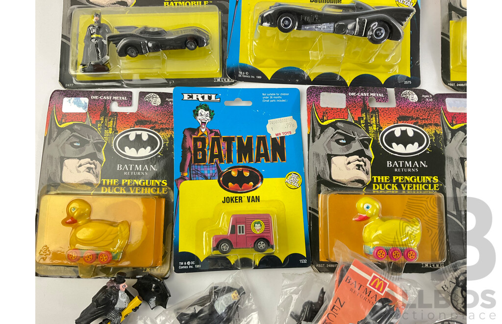 Vintage Ertl Diecast Batman Vehicles and Figurines Including Batmobile, Penguin's Vehicle, Joker Van, Batman, Catwoman, Penguin Commando and McDonalds Happy Meal Batman Pens and Pencil