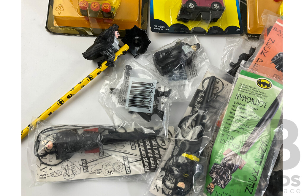 Vintage Ertl Diecast Batman Vehicles and Figurines Including Batmobile, Penguin's Vehicle, Joker Van, Batman, Catwoman, Penguin Commando and McDonalds Happy Meal Batman Pens and Pencil