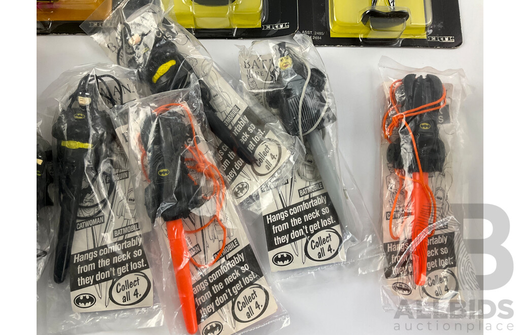 Vintage Ertl Diecast Batman Vehicles and Figurines Including Batmobile, Penguin's Vehicle, Joker Van, Batman, Catwoman, Penguin Commando and McDonalds Happy Meal Batman Pens and Pencil