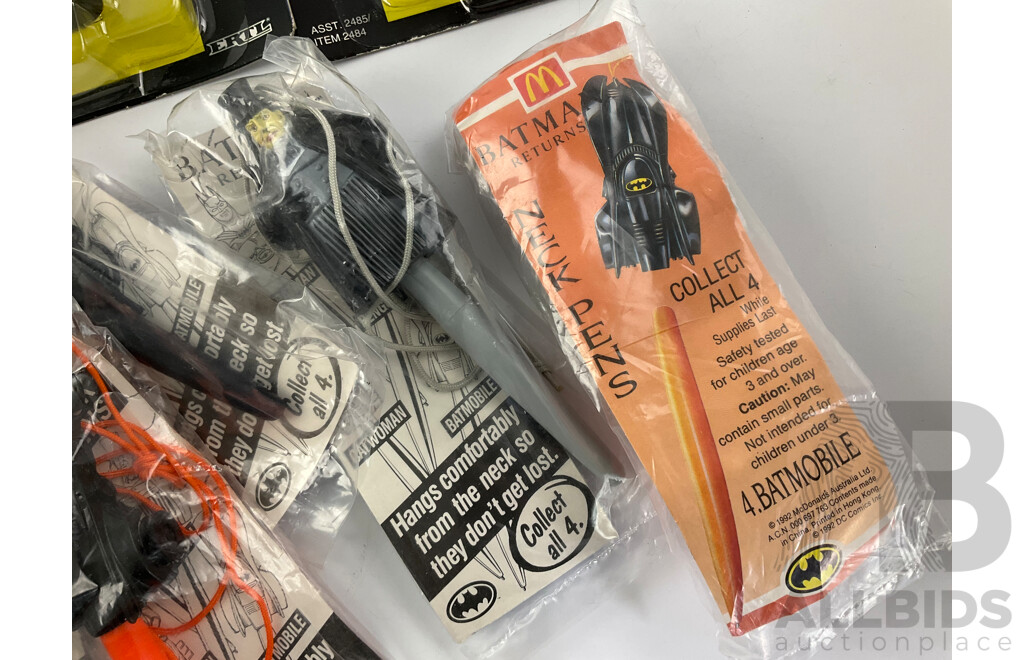 Vintage Ertl Diecast Batman Vehicles and Figurines Including Batmobile, Penguin's Vehicle, Joker Van, Batman, Catwoman, Penguin Commando and McDonalds Happy Meal Batman Pens and Pencil