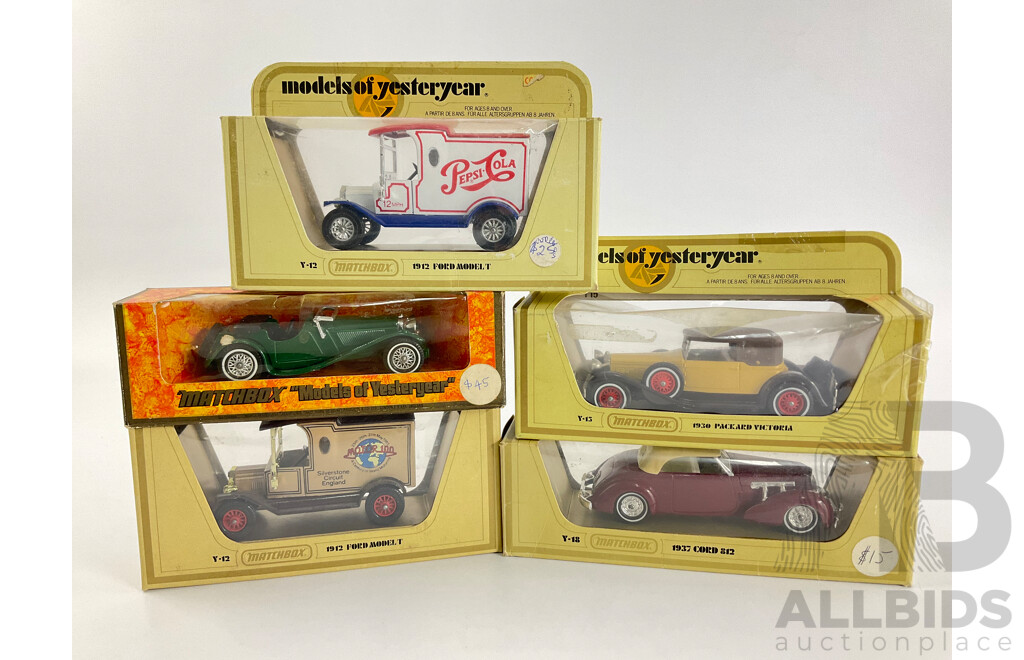 Five Vintage Matchbox Models of Yesteryear Vehicles Including1930 Packard, 1936 Jaguar, 1937 Cord, 1912 Model T