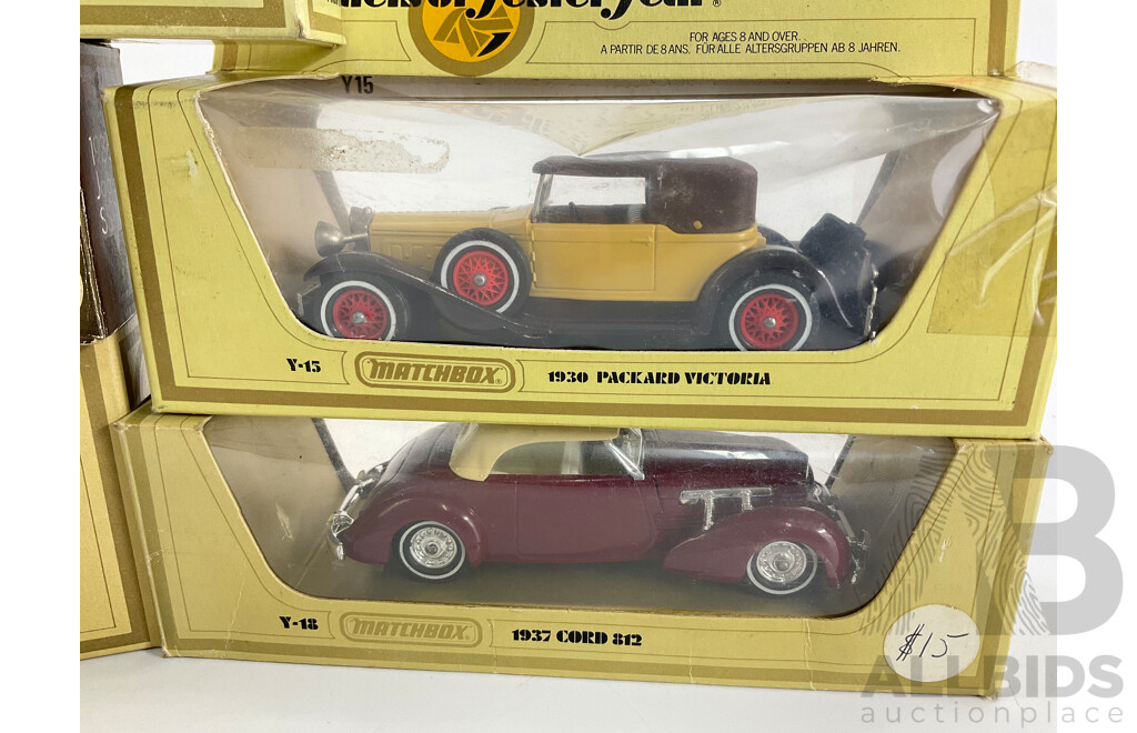 Five Vintage Matchbox Models of Yesteryear Vehicles Including1930 Packard, 1936 Jaguar, 1937 Cord, 1912 Model T