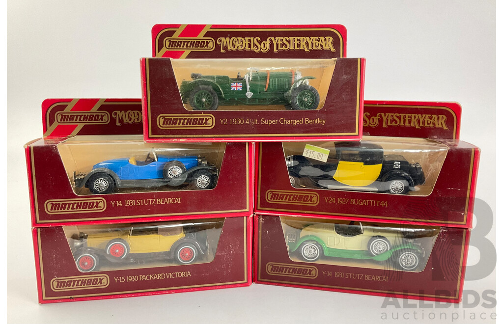 Five Vintage Matchbox Models of Yesteryear Vehicles Including 1927 Bugatti, 1931 Stutz, 1930 Bentley, 1930 Packard