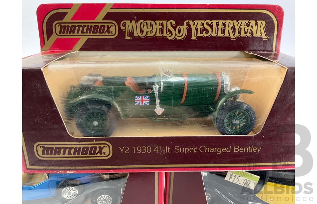Five Vintage Matchbox Models of Yesteryear Vehicles Including 1927 Bugatti, 1931 Stutz, 1930 Bentley, 1930 Packard