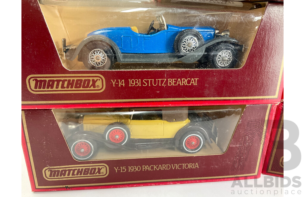 Five Vintage Matchbox Models of Yesteryear Vehicles Including 1927 Bugatti, 1931 Stutz, 1930 Bentley, 1930 Packard
