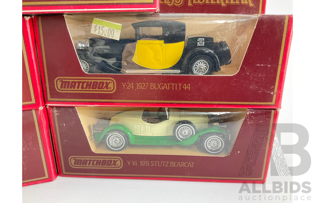 Five Vintage Matchbox Models of Yesteryear Vehicles Including 1927 Bugatti, 1931 Stutz, 1930 Bentley, 1930 Packard