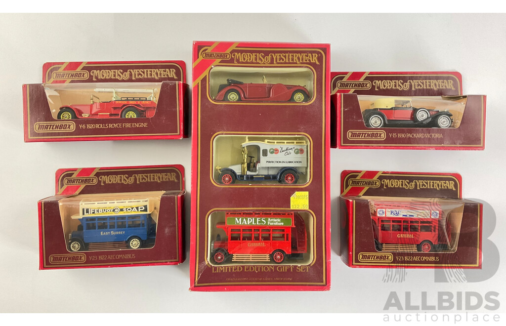 Seven Vintage Matchbox Models of Yesteryear Vehicles Including Limited Edition Gift Set, 1930 Packard, 1922 AEC Omnibus, 1920 Rolls Royce Fire Engine