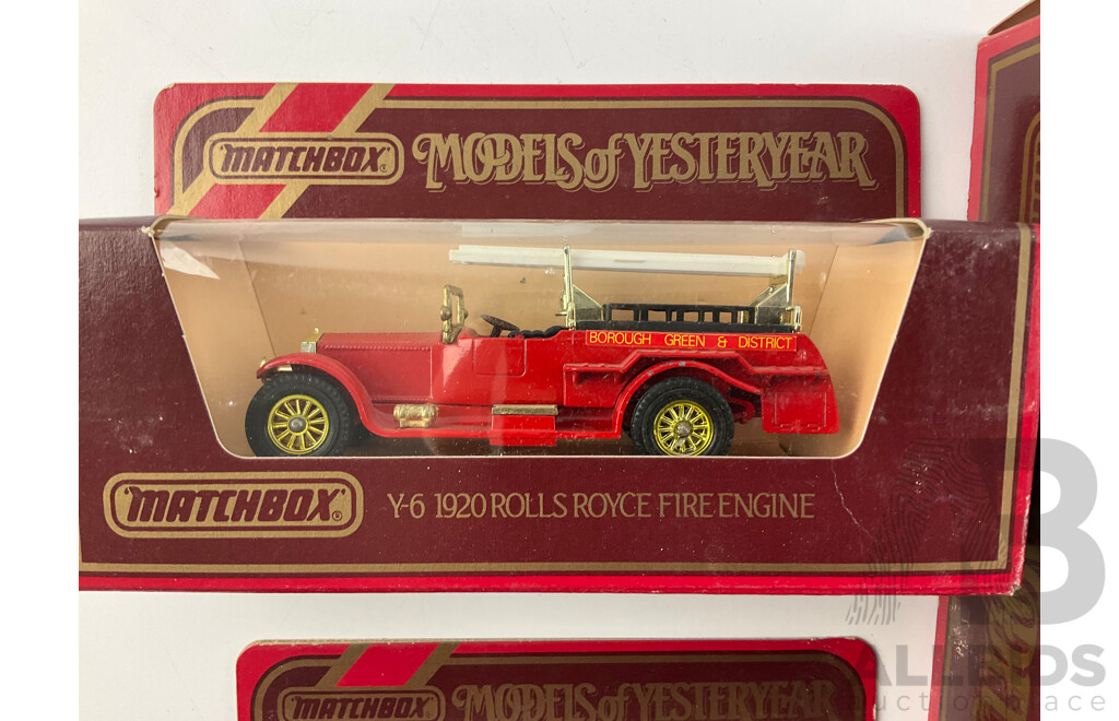 Seven Vintage Matchbox Models of Yesteryear Vehicles Including Limited Edition Gift Set, 1930 Packard, 1922 AEC Omnibus, 1920 Rolls Royce Fire Engine