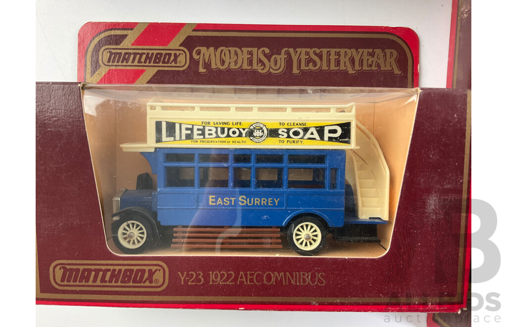 Seven Vintage Matchbox Models of Yesteryear Vehicles Including Limited Edition Gift Set, 1930 Packard, 1922 AEC Omnibus, 1920 Rolls Royce Fire Engine