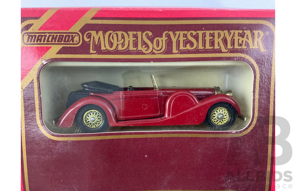 Seven Vintage Matchbox Models of Yesteryear Vehicles Including Limited Edition Gift Set, 1930 Packard, 1922 AEC Omnibus, 1920 Rolls Royce Fire Engine