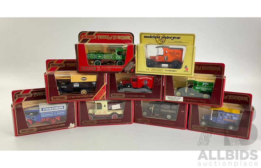 Nine Vintage Matchbox Models of Yesteryear Company Vehicles Including 1918 Atkinson, 1922 Foden, 1912 Ford Model T, 1930 Ford Model A, 1910 Renault, 1918 Crossley