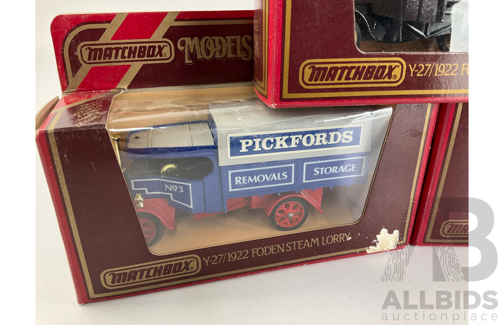 Nine Vintage Matchbox Models of Yesteryear Company Vehicles Including 1918 Atkinson, 1922 Foden, 1912 Ford Model T, 1930 Ford Model A, 1910 Renault, 1918 Crossley