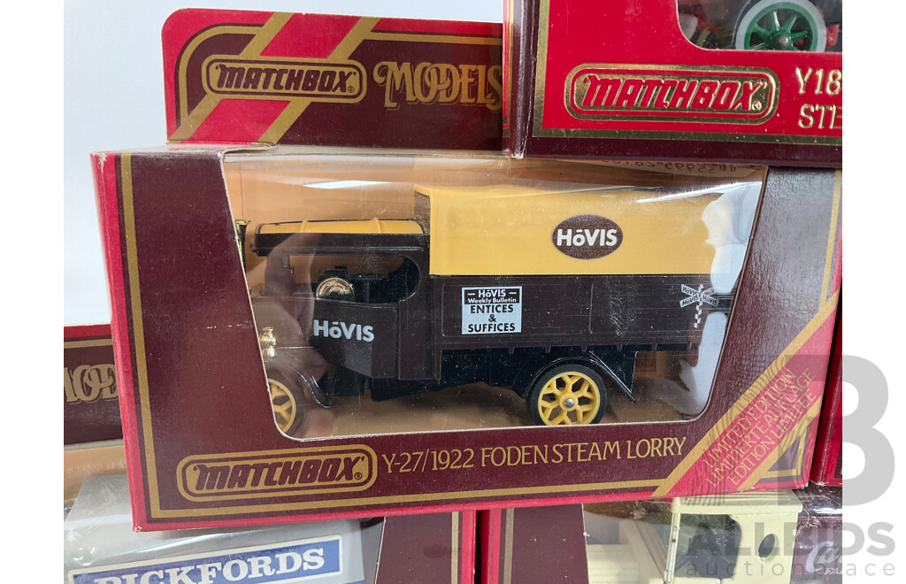 Nine Vintage Matchbox Models of Yesteryear Company Vehicles Including 1918 Atkinson, 1922 Foden, 1912 Ford Model T, 1930 Ford Model A, 1910 Renault, 1918 Crossley