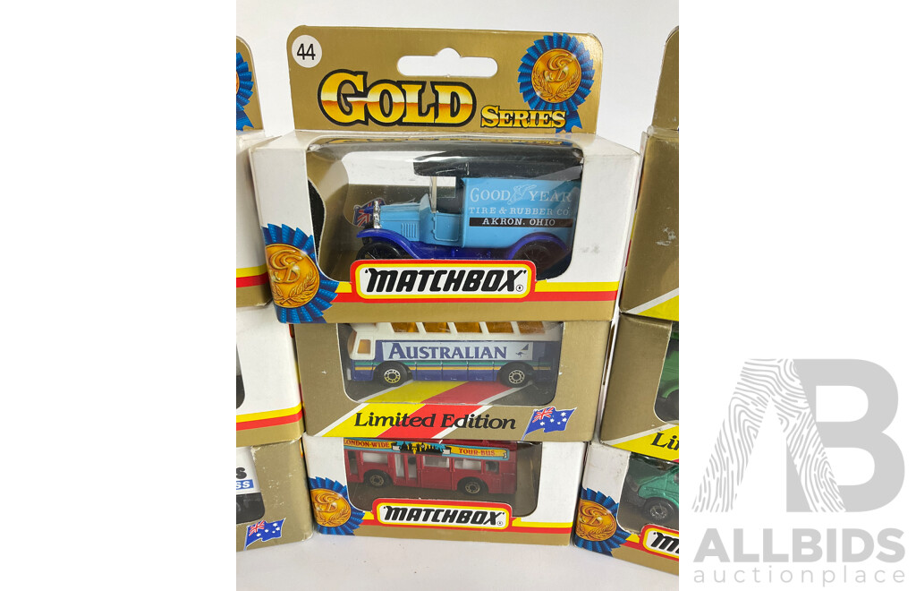 Nine Vintage Matchbox Gold and Collector Series Trucks, Buses and Train Including Minties, Jetspress, Big Ben, Good Year, Smiths Chips, Airport Coach, London Bus