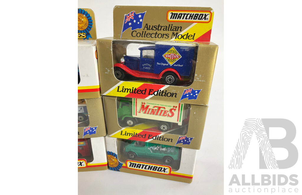 Nine Vintage Matchbox Gold and Collector Series Trucks, Buses and Train Including Minties, Jetspress, Big Ben, Good Year, Smiths Chips, Airport Coach, London Bus