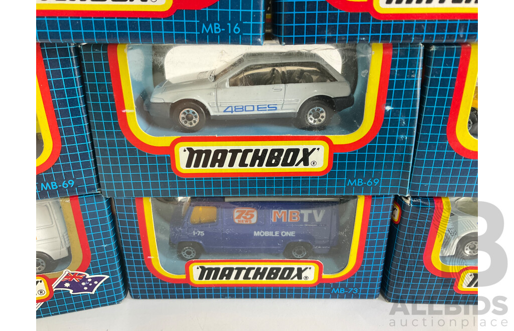 Eight Vintage Matchbox Vehicles Including Telecom Australia, School Bus, Sauber Group C, Volvo 480ES, GMC Wrecker, Land Rover 90
