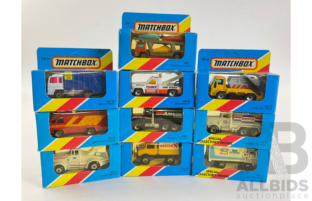 Ten Vintage Matchbox Trucks Including Ford Skip Truck, Streets Delivery Truck, Peterbilt Tanker, Transporter, Garbage Truck, Metro Airport Fire Tanker, Unimog Rescue