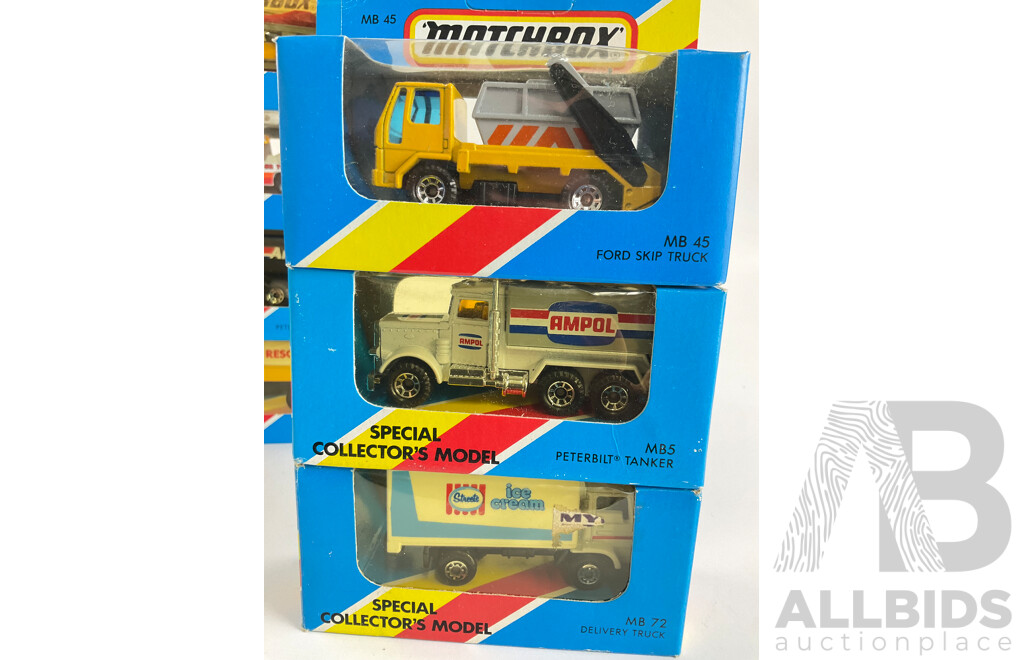 Ten Vintage Matchbox Trucks Including Ford Skip Truck, Streets Delivery Truck, Peterbilt Tanker, Transporter, Garbage Truck, Metro Airport Fire Tanker, Unimog Rescue