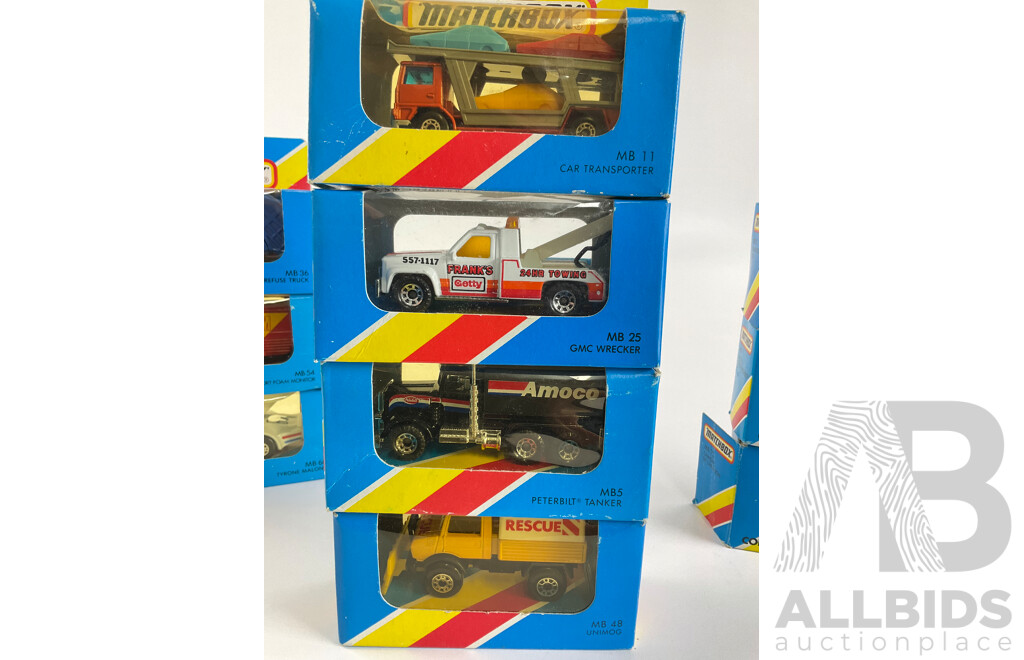 Ten Vintage Matchbox Trucks Including Ford Skip Truck, Streets Delivery Truck, Peterbilt Tanker, Transporter, Garbage Truck, Metro Airport Fire Tanker, Unimog Rescue