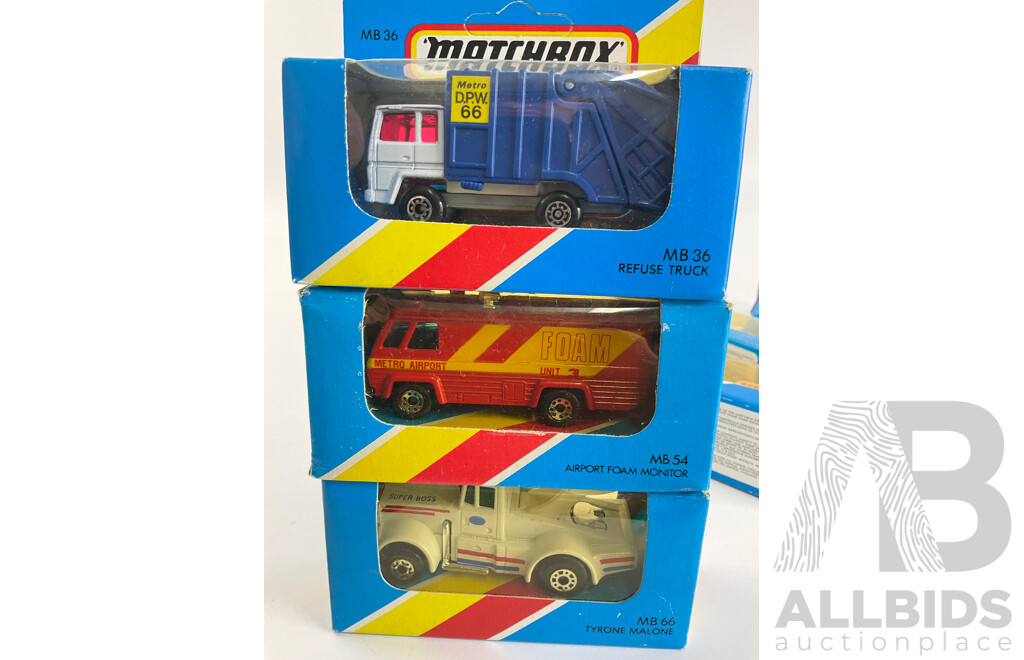 Ten Vintage Matchbox Trucks Including Ford Skip Truck, Streets Delivery Truck, Peterbilt Tanker, Transporter, Garbage Truck, Metro Airport Fire Tanker, Unimog Rescue