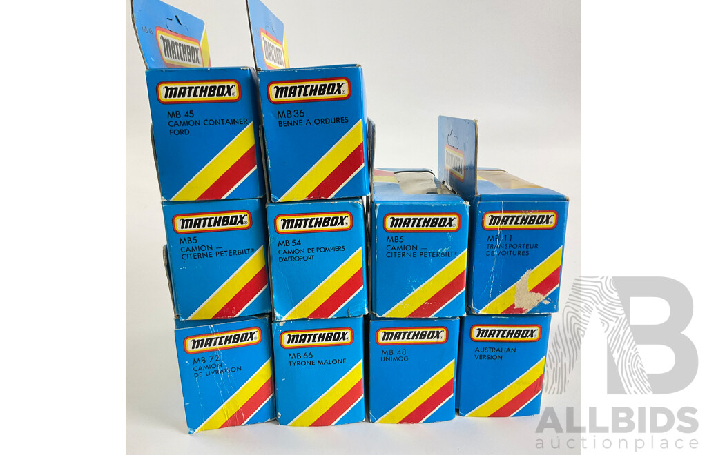 Ten Vintage Matchbox Trucks Including Ford Skip Truck, Streets Delivery Truck, Peterbilt Tanker, Transporter, Garbage Truck, Metro Airport Fire Tanker, Unimog Rescue