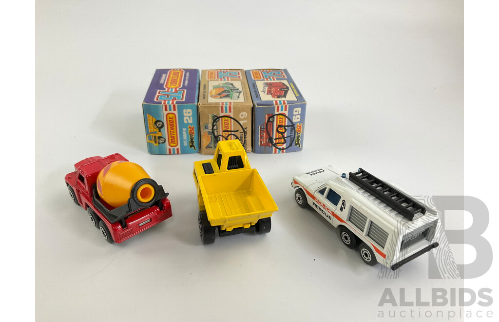 Three Matchbox 75 Super Fast Trucks Including Site Dumper, Peterbilt Cement Truck, Police Rescue