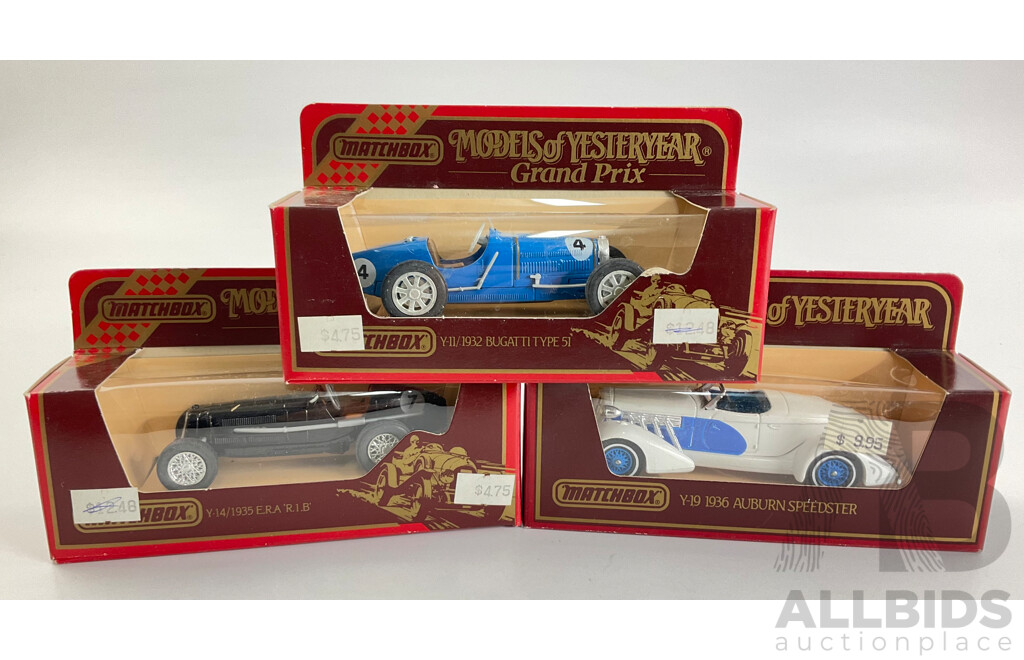 Three Matchbox Models of Yesteryear Classic Cars Including 1936 Auburn Speester, 1932 Bugatti Type 51, 1935 E.R.A 'R.1.B'